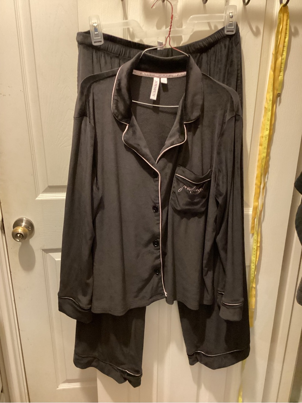 Women's Black Satin-Feel Pajama Set with Pink Piping
